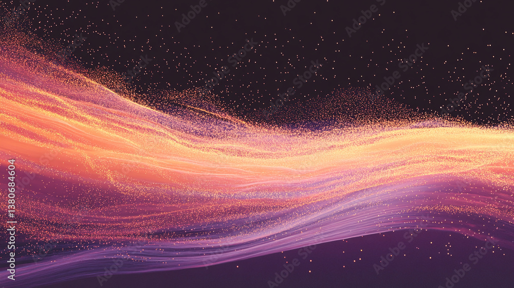 Poster Abstract image of orange and purple glowing particles forming wavy lines against a dark background, showcasing a dynamic and energetic concept, suitable for technology or design projects