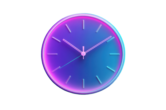 3D rendering of minimalist wall clock with teal and purple gradient, no background