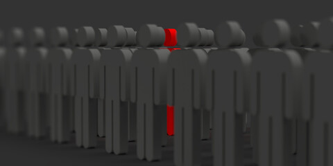 Business and team concept. 3D rendered stickman leader is easy to spot in a crowd. Convincing copy space. 
