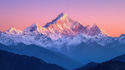 The setting sun's rays fall on the peak of the distant snow-capped mountain, creating a sharp contrast between the golden snow-capped peak and the shadowed slopes below.