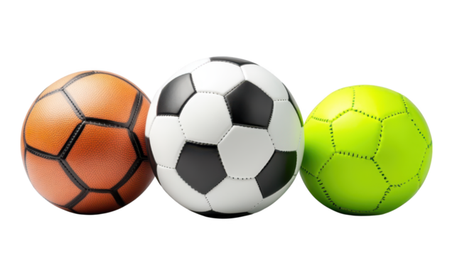 Dynamic action, three soccer balls isolated on a striking black background for sports photography and design