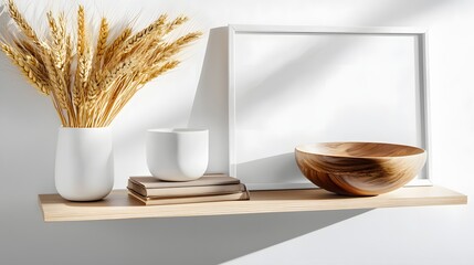 Minimalist Decorative Shelf Featuring Dried Flowers, Ceramic Vases, and Wooden Bowl in Bright Light