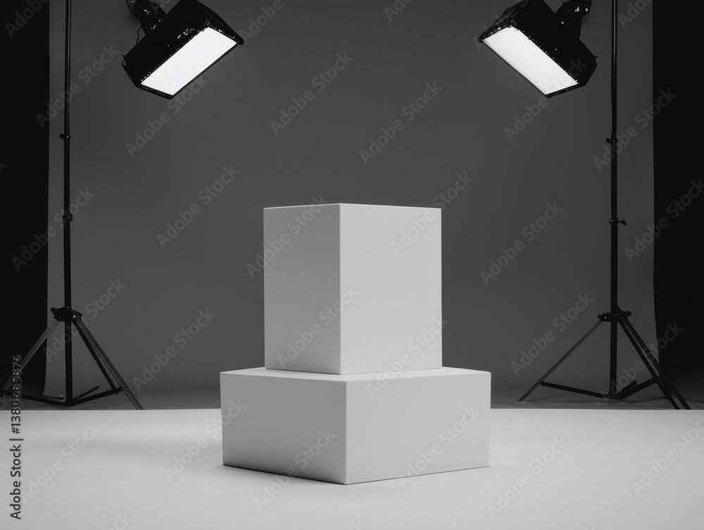 Poster minimalist studio setup with blank white cubes and soft lighting