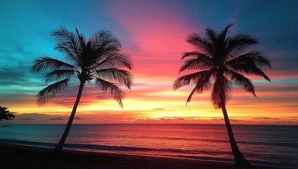 Fototapeta na wymiar Vibrant Sunset Over Ocean Beach, Palm Trees Silhouetted Against Colorful Sky, Idyllic Tropical Paradise, Tranquil Evening Scene