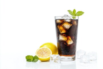 Fototapeta premium Tall glass of iced cola with mint and lemon beside ice cubes and fresh lemons on white. Ideal for beverage ads, product packaging, and summer-themed drink menus