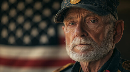 Veteran with medals with thoughtful gaze