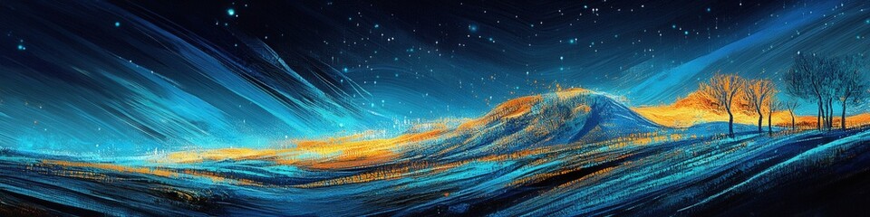 A serene twilight landscape featuring rolling hills illuminated by a vibrant orange glow, under a starry night sky with wispy clouds, creating a tranquil atmosphere