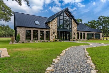 Obraz premium A contemporary countryside residence featuring large, expansive glass windows, beautifully surrounded by vibrant, lush greenery during daylight hours