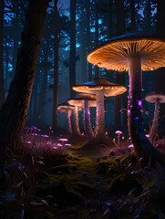 A vast glowing mushroom forest at night, where the fungi emit bioluminescent blues and purples. The ground is covered in mist, and small fireflies hover above.