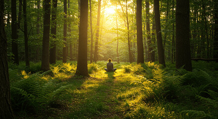 Obraz premium Ball games in the spring forest, Person meditating in a serene spring forest with sunlight filtering through the trees