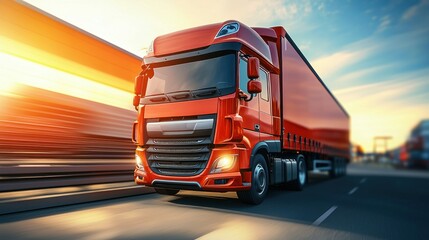 A bright red semi-truck speeds down a highway, transporting goods under a beautiful, sunny sky.
