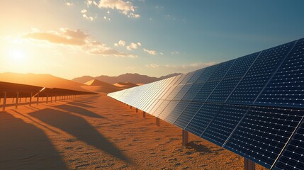 Solar energy farm in a desert at sunrise. Renewable Energy Green Technologies