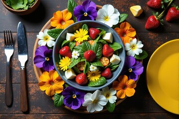 Overhead view of a vibrant spring salad with strawberries and edible flowers, arranged on a rustic wooden table.