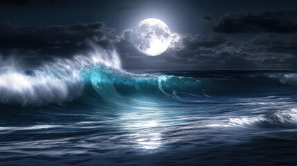 Fototapeta premium Moonlight waves crashing on a dark ocean