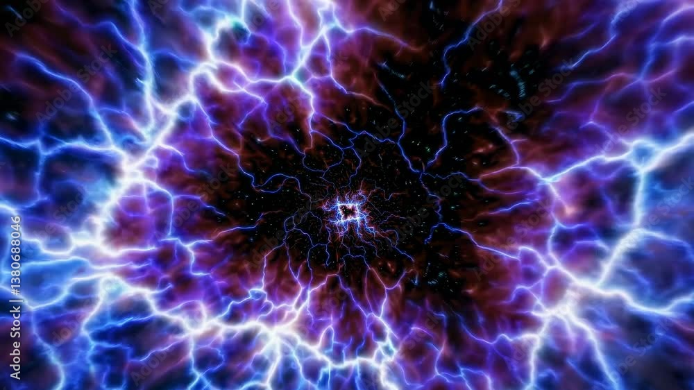 Poster dynamic cosmic energy video with a wormhole effect. top-down angle captures vivid electric patterns 