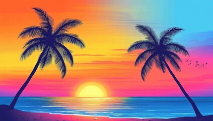 Fototapeta premium Vibrant Sunset Beach Scene: Palm Trees Silhouette at Ocean, Colorful Sky, Tranquil View