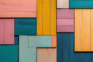 Vibrant wooden panels in various colors create modern artistic wall design, showcasing blend of textures and hues that evoke creativity and warmth