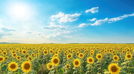 Obraz premium Radiant Sunflowers Stretching Towards the Horizon Under a Clear Blue Sky