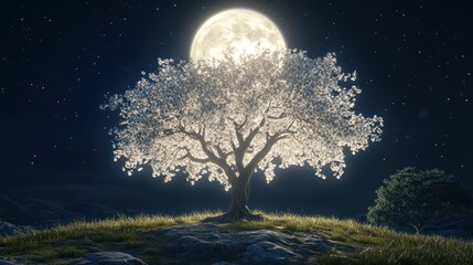 Illuminated Tree Under Full Moon at Night