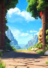 A picturesque view through a natural archway leading to a lush landscape, with towering mountains in the background and a clear blue sky, perfect for adventure and exploration themes