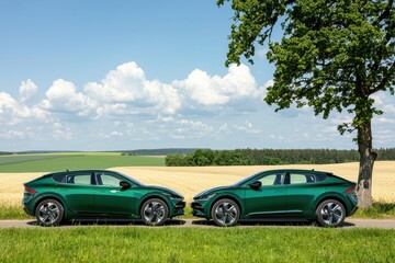 Two Green Cars Parked Alongside a Scenic Rural Landscape