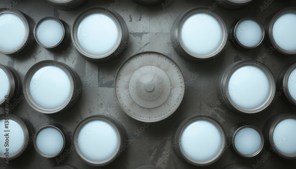 Poster exploring the intricate arrangement of circular containers in an industrial setting aerial view mode