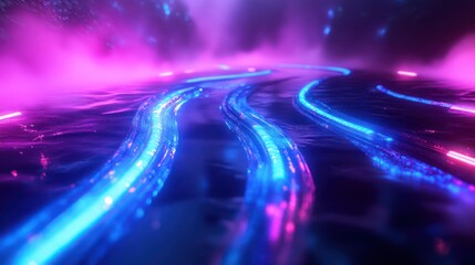 High-speed capture of flowing binary streams cascading like liquid light, deep neon highlights interacting with volumetric fog, ultra-realistic reflections amplifying