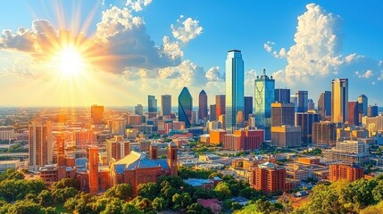Naklejka premium Dallas Skyline Sunrise: Texas Cityscape at Dawn