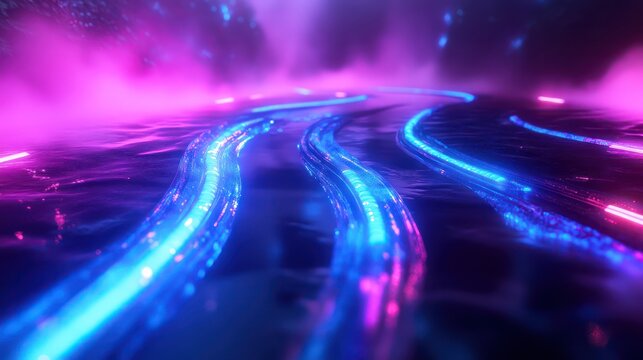 High-speed capture of flowing binary streams cascading like liquid light, deep neon highlights interacting with volumetric fog, ultra-realistic reflections amplifying