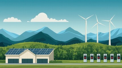 Obraz premium Renewable Energy Landscape with Wind Turbines and Solar Panels