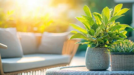 Vibrant green plants in decorative pots bask in warm sunlight next to a comfy outdoor sofa.