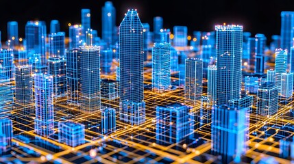 Obraz premium Futuristic City Skyline with Neon Lights and Digital Grid in a Night Urban Landscape