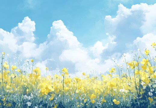 Bright, sunny field of yellow flowers under a vibrant sky