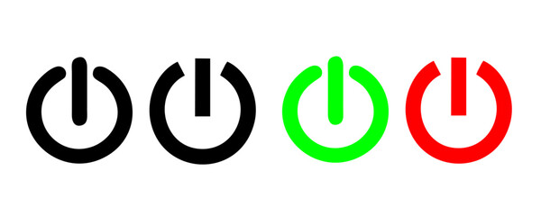Power button. ON and OFF set icons. Vector black and flat icon, energy sing symbol, Power switch, electricity turn on off, icon, sticker, badge. Editable vector icon set