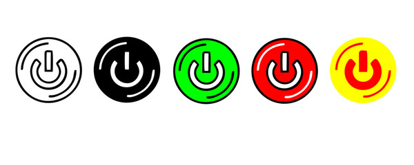 Power button. ON and OFF set icons. Vector black and flat icon, energy sing symbol, Power switch, electricity turn on off, icon, sticker, badge. Editable vector icon set