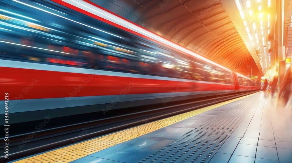 Poster a high-speed red train travels quickly through a station, creating a dynamic blur.