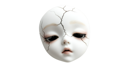 Broken white mask, a visual metaphor of fragility, hidden truths, and the concealment of identity