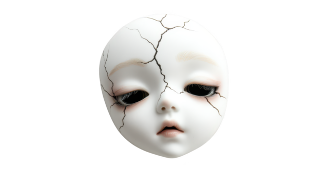 Broken white mask, a visual metaphor of fragility, hidden truths, and the concealment of identity