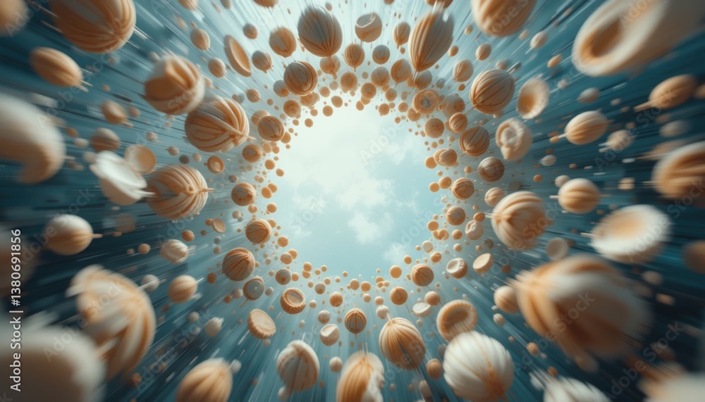 Poster dynamic burst of floating objects abstract realm digital art surreal environment aerial perspective 
