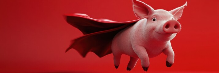Obraz premium A superhero pig flying on a red background
