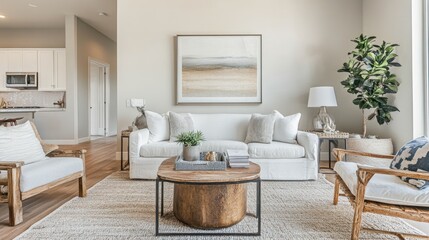 Elegant staged living room boasting comfortable seating and chic d?cor elements
