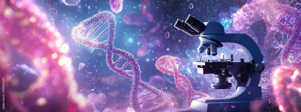 Aufkleber digital background featuring microscope surrounded by vibrant dna strands, creating captivating and 