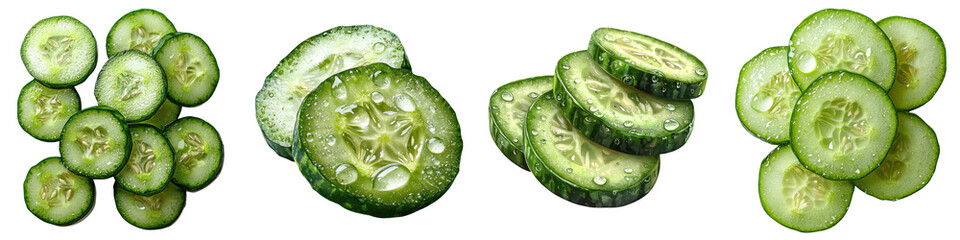 Fresh fruits and extracts for hair product packaging concept. Freshly sliced cucumbers arranged in different formations, showcasing their vibrant green color and crisp texture