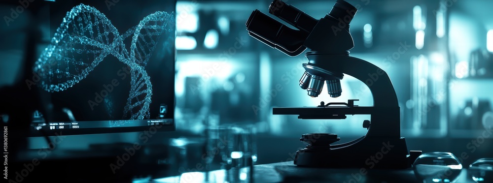 Poster modern microscope is positioned beside computer screen displaying double helix dna structure, creati