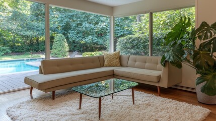 Obraz premium Modern Living Room with Mid-Century Sofa and Pool View in Nature
