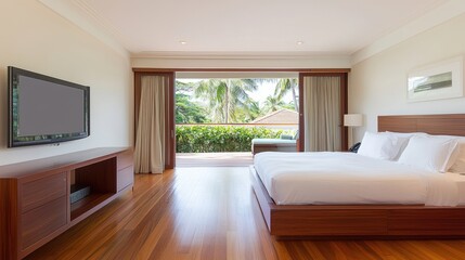 Fototapeta premium Modern Minimalist Bedroom with Open Balcony and Natural Light