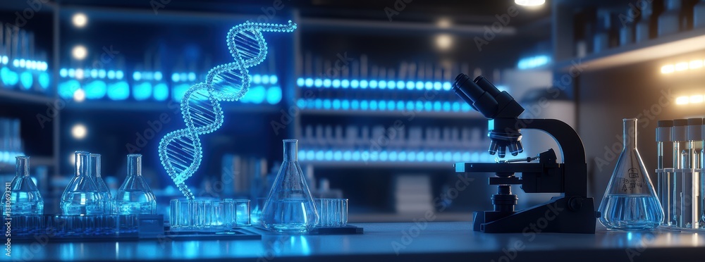Poster laboratory scene featuring microscope and glassware, illuminated by blue lights, with 3d rendering o