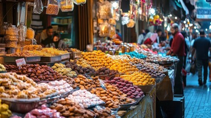 Obraz premium Vibrant array of sweets and delicacies at a bustling Middle Eastern market