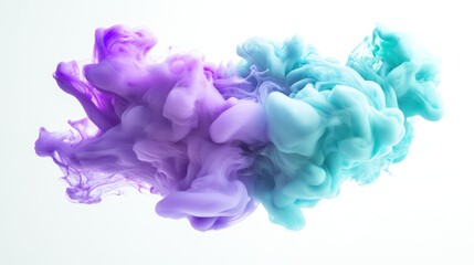 Iridescent violet and turquoise ink smoothly dispersing, forming abstract cloud-like formations with subtle reflections and fluid texture