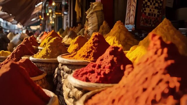 Vibrant spice market showcasing colorful piles of spices in woven baskets during golden hour